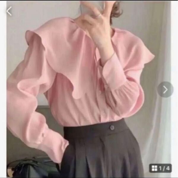 新品 ミームセレクト ラッフルフリルビッグカラーシアーブラウス