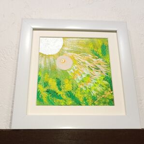 花と風水開運お守り画■ミモザとアマビエちゃん 病から守る 無病息災 人魚半漁鳥 春の花 太陽 パワーアート 健康 グリーン 原画