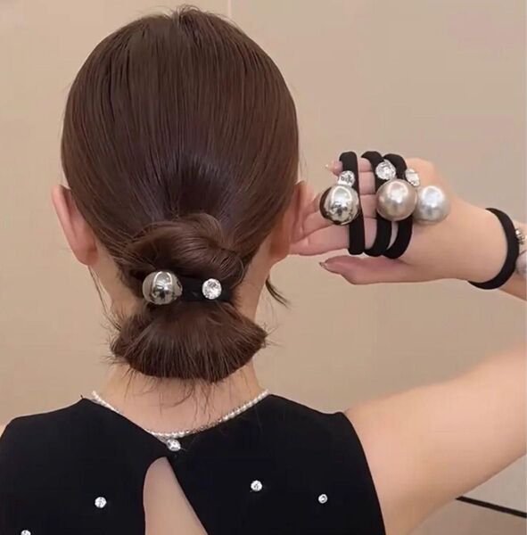 No.955 パール×ストーン ブラック系×ストーン ヘアゴム2点