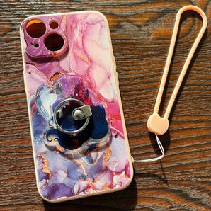 ラプンツェル マーブルデザインiPhone15ケース リングスタンド ストラップ付き