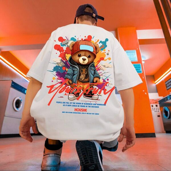 オーバーサイズ ストリート 半袖Tシャツクマ カラフルペイント プリント 3L 男女兼用 新品 ホワイト