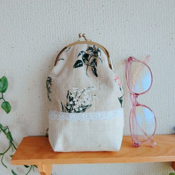がま口ポーチボタニカルメガネ入れ ハンドメイド