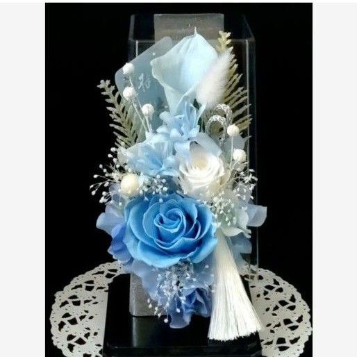 仏花 プリザーブドフラワーアレンジ クリアケース入り お供え花 1基 カラー ブルー