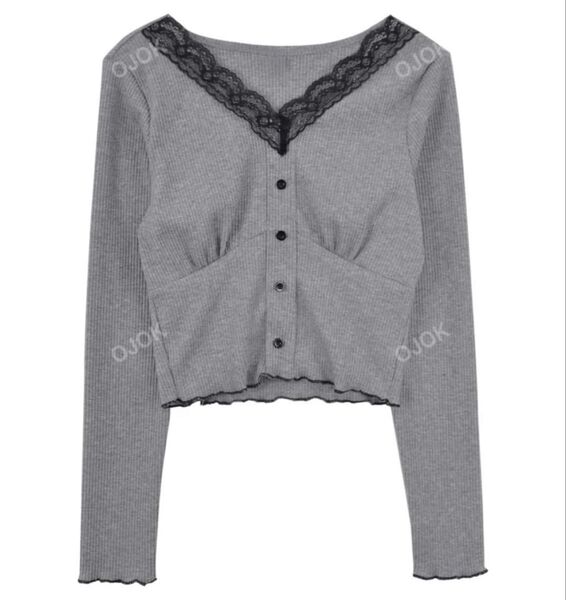 Honeyspot コントラストレース フリル クロップシャツ グレー 未着用