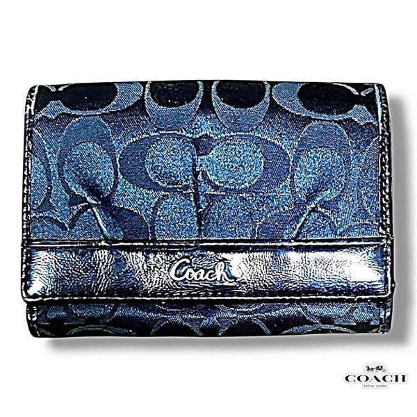 美品 Bランク COACH シグネチャー 二つ折り財布 財布 ネイビー レディース ブランド コーチ