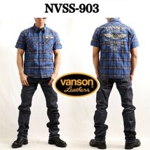 半額！VANSON バンソン フライングエンブレム 刺繍 ワッペン スペック染め二重チェック 半袖シャツ NVSS-903-BLUE-M バイカー アメカジ_画像3