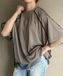 JUNOAH * 半袖 カットソー FREE ベージュ レディース チュール ドッキング アンサンブル 重ね着 5分袖 半袖 夏