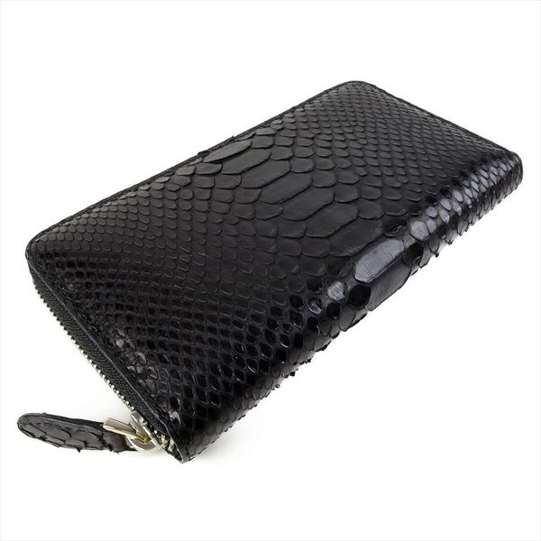 新品 パイソンレザー 長財布 ラウンドファスナー 黒 ジッピーウォレット メンズ 財布 小銭入れ 本革 ヘビ革 ブラック カード