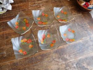  Showa Retro rose pattern orange glass angle plate 15x15h3cm 6 sheets 