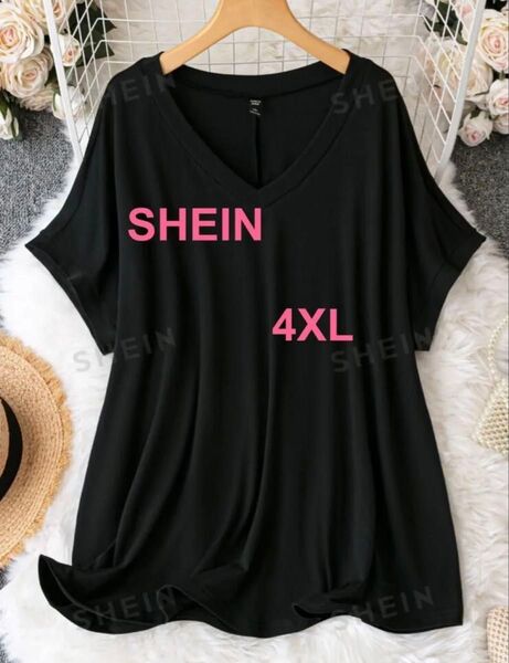 SHEIN 未使用 LUNE プラス 無地 Vネック バットウイングスリーブ Tシャツ 4XL
