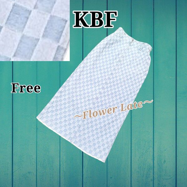 KBF チェック柄 フリンジ裾 ライトブルー デニムスカート ロングスカート