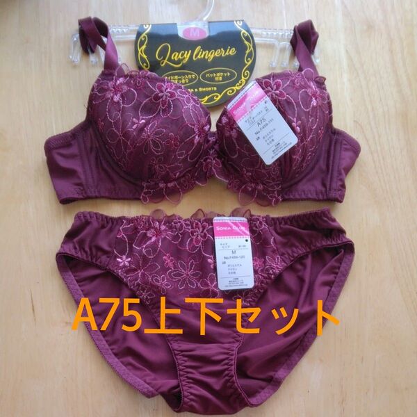 【新品未使用】A75 ブラ ショーツセット 下着 ランジェリー ブラジャー 花柄 レース ショーツ M オシャレ ボルドー タグ付