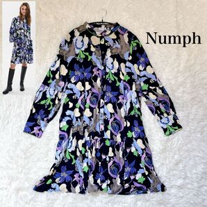 Numph 花柄 鳥柄 バード 長袖ワンピース チュニック ネイビー パープル