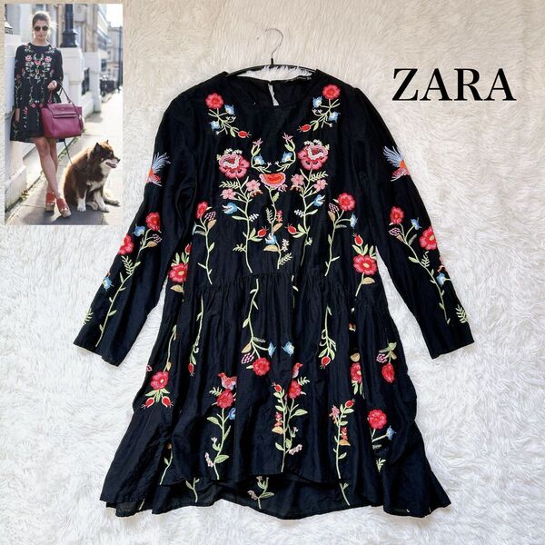大人気 ZARA 花柄 刺繍 長袖ワンピース チュニック ブラック