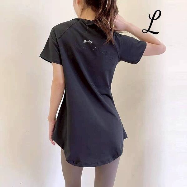 ヨガウェア 体型カバー Tシャツ ピラティス 速乾 黒 ブラック スポーツ ヨガ 半袖 トップス トレーニングウェア