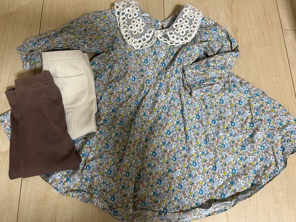 最終価格 80 花柄レース襟ワンピース レギンスセット ユニクロ デビロック 女の子