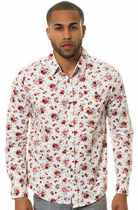 新品UK産 BELLFIELD Lancaster Shirt/White ベルフィールド メンズ 長袖ボタンシャツ L 花柄 総柄 バラ お洒落