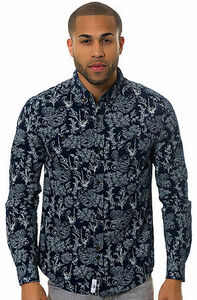 新品UKブランド Bellfield Kansai Buttondown Shirt/Navy S ベルフィールド メンズ 長袖ボタンシャツ 柄物 総柄