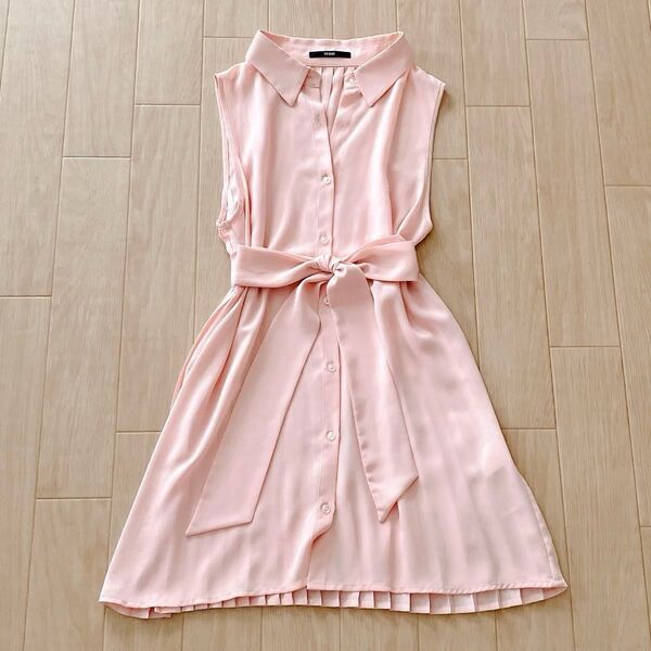 DURAS ノースリーブ シャツ プリーツ ピンク リボン ワンピース シャツワンピ ブラウス 春服 夏服