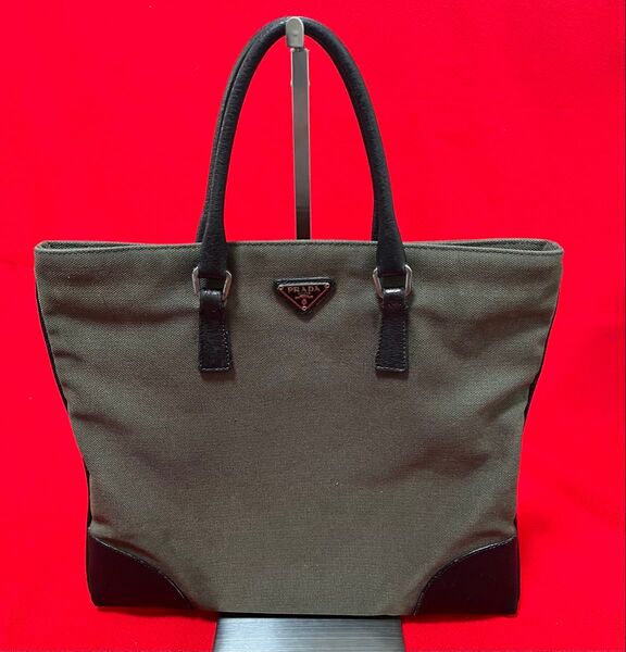 本物.美品】 PRADA プラダ 三角タグ 本革×キャンバス トート バッグ カバン カーキ×ブラック