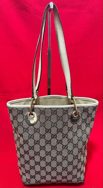 正規】 GUCCI グッチ 本革×キャンバス カバン バッグ トート クリーム 白 大容量