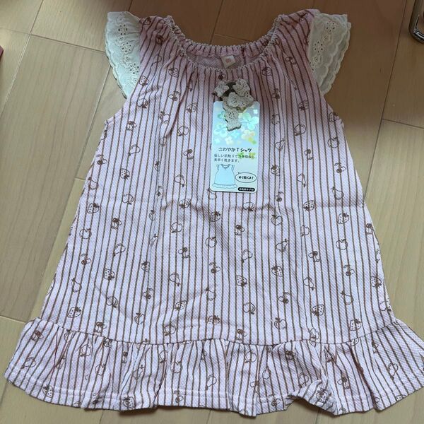 新品タグ付き 半袖シャツ Tシャツ トップス 95 キッズ 子供服 女の子 フルーツピンク フリル チュニック カットソー
