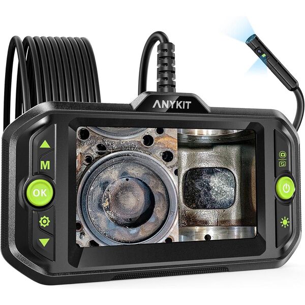 Anykit デュアルレンズ ファイバースコープ 1080P 5インチIPSスクリーン付 8MM HDデジタル内視鏡 IP67防水