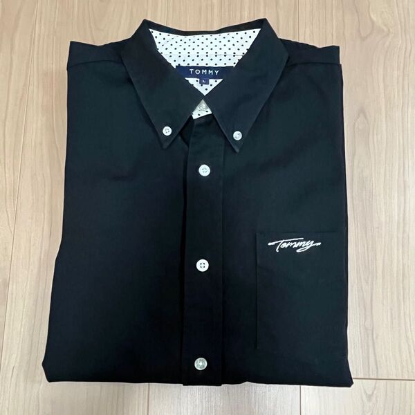 Tommy ブラック 7分シャツ Lサイズ ドット柄 襟裏地がおしゃれ