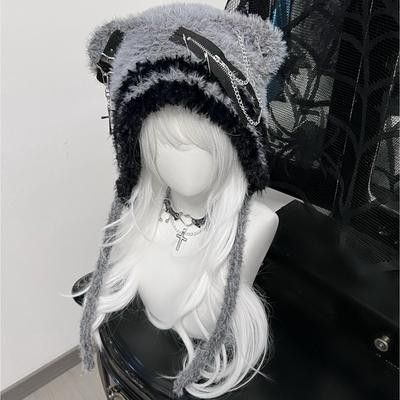 サブカル系 くま耳 帽子 チェーン付き ニット帽 クロス十字架 原宿