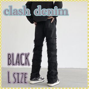 1102 クラッシュデニム ブラック Lサイズ ロック ヒップホップ B系ファッション