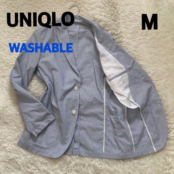 ユニクロ UNIQLO ウォッシャブル 水色ストライプ テーラードジャケット M
