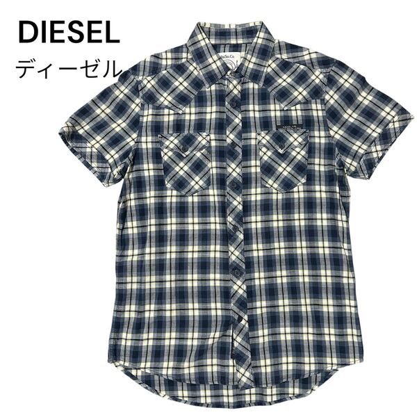 美品 DIESEL ディーゼル 半袖シャツ チェック柄 ネイビー Sサイズ