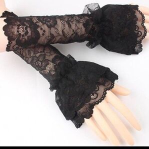 ★新品 黒 ミドル丈 アームカバー 黒色 レース 可愛い レディース uv