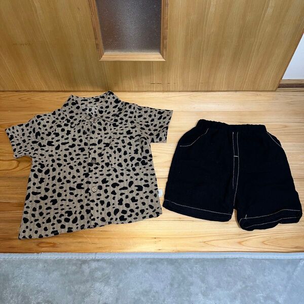 ヒョウ柄シャツ 黒ハーフパンツ セットアップ 上下セット