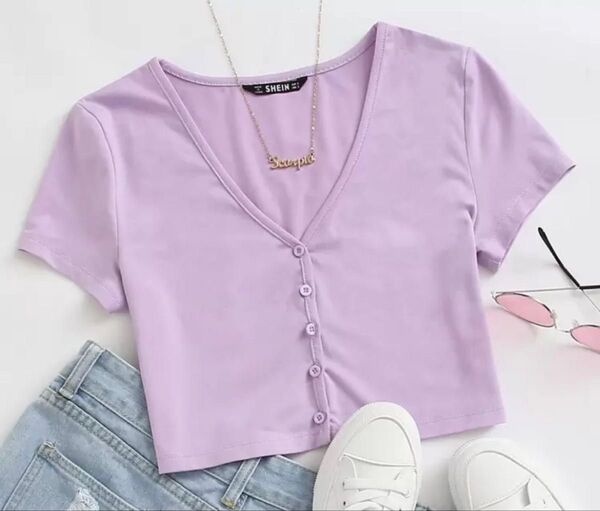 SHEIN クロップド丈 半袖トップス パープル