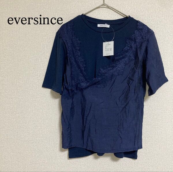 新品 eversince エバーシンス 半袖 Tシャツ 花柄レース ネイビー カットソー トップス