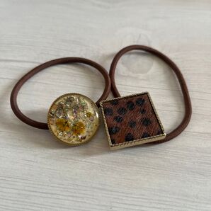 ヘアゴム 2個セット レジン ドライフラワー シェル ヒョウ柄 ブラウン