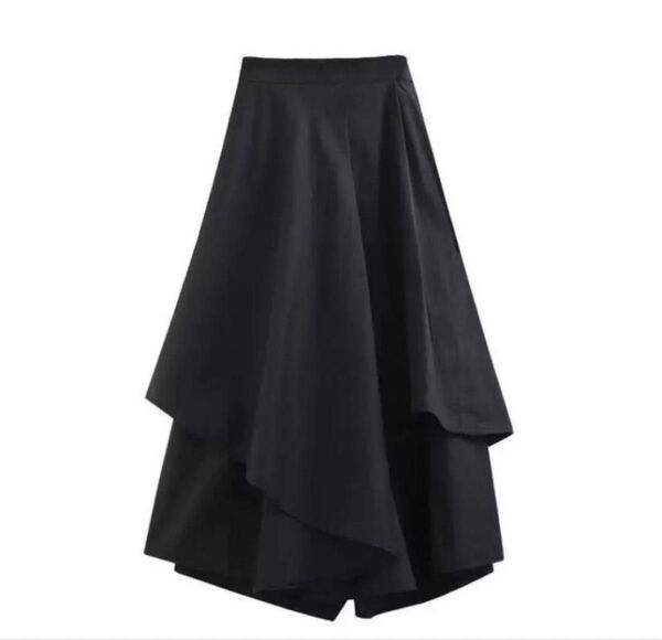 スカーチョ パンツスカート 変形 アシメントリー パンツ 黒 L ブラック ボトムス