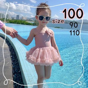 ワンピース水着100 ピンク フリル チュール リボン 女の子 プール 海