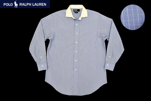 S-8509★送料無料★美品★Polo by Ralph Lauren ポロ ラルフローレン ESTATE★日本製 ブルー チェック 長袖ドレスシャツ ワイシャツ 40-84