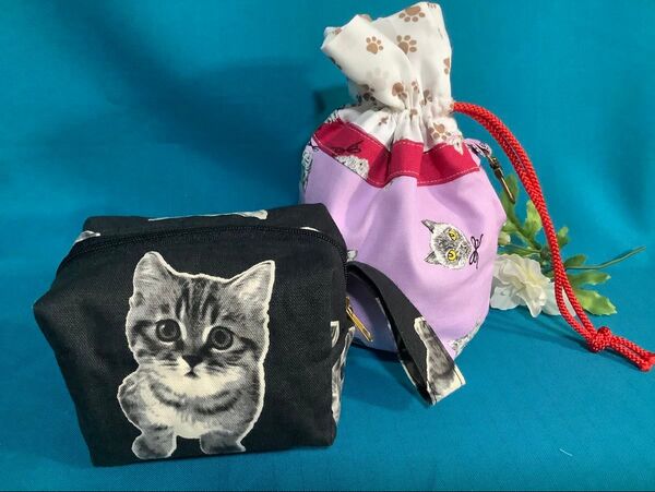 巾着とミニポーチ 猫柄 ハンドメイド (訳あり)