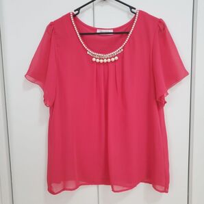 匿名配送:OFUON パールビジュー半袖プリーツカットソー ピンク/赤 40/L