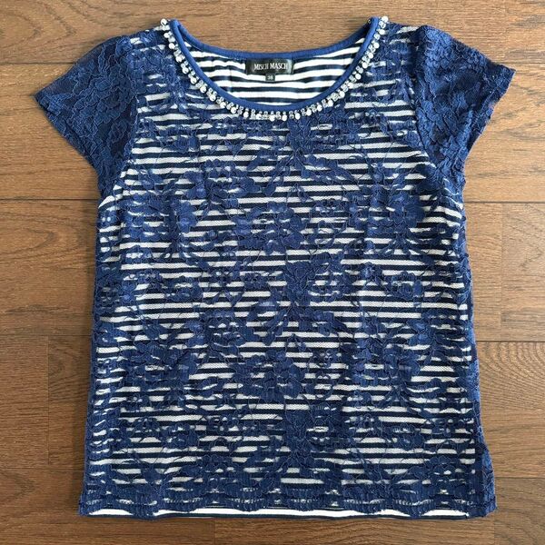 MISCHMASCH ビジュー付 レーストップス ボーダー Tシャツ カットソー 半袖 M ネイビー