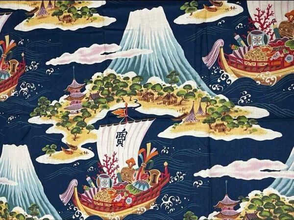 【値下げ】ダブルガーゼ 綿プリント生地 宝船と富士山の風景 紺 ネイビー 2M 和柄