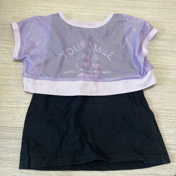 子供服 トップス メッシュ 半袖 キャミソール ドッキング 紫 黒 110cm