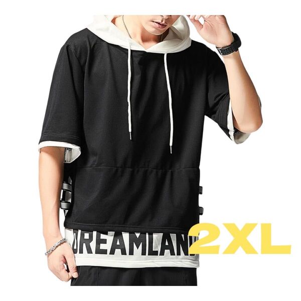 新品 メンズ パーカー 七分袖 Tシャツ 2XL プルオーバー ブラック ゆったり