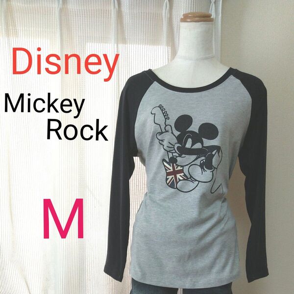 Disney ミッキー 長袖 Tシャツ M グレー × ブラック ディズニー タキヒヨー ラウンドネック ラグランスリーブ ロンT