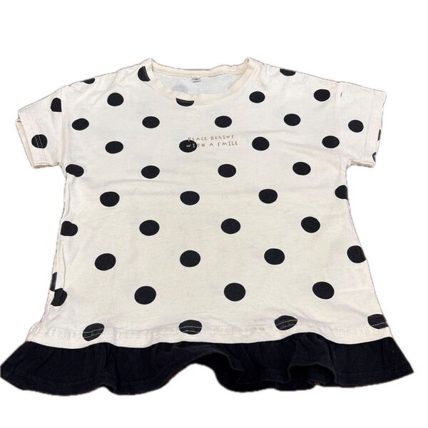 子供服 キッズ ガールズ 水玉柄 Tシャツ 半袖 半袖Tシャツ ブラック トップス ベージュ系に黒ドット柄