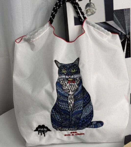 エコバッグ トートバッグ ねこ刺繍 Mサイズ ホワイト 白
