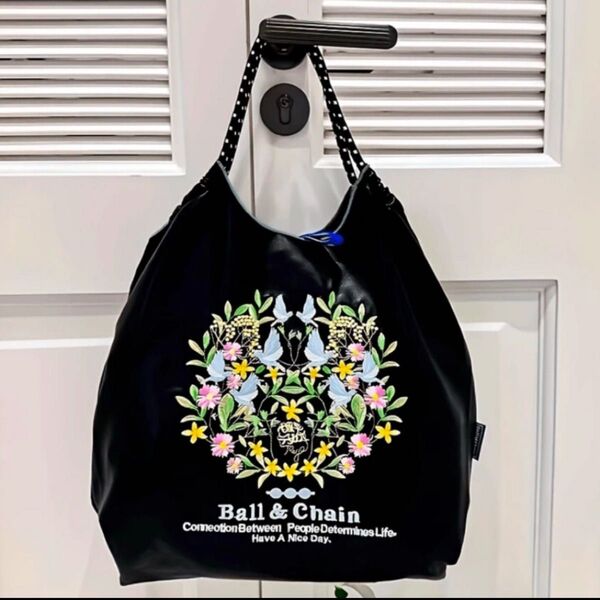 ブラック エコバッグ PUレザー 鳥と花の刺繍 トートバッグ ショルダー 大容量 軽量